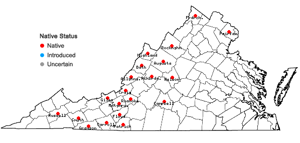 Locations ofCastilleja coccinea (L.) Spreng. in Virginia