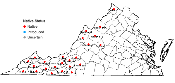 Locations ofClaytonia caroliniana Michx. in Virginia