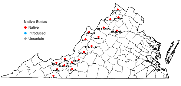 Locations ofDelphinium exaltatum Ait. in Virginia