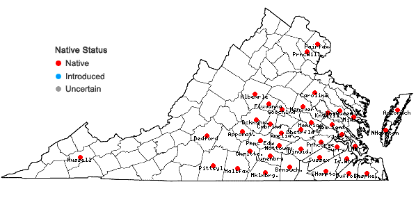 Locations ofGymnopogon ambiguus (Michx.) B.S.P. in Virginia