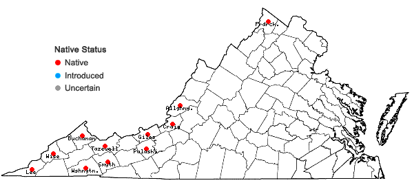 Locations ofGymnostomum aeruginosum J.E. Smith in Virginia