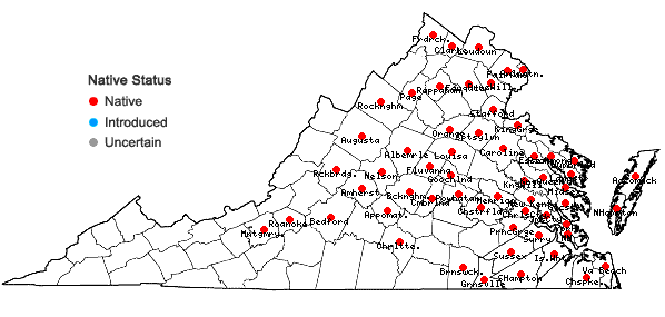 Locations ofHydrocotyle ranunculoides L. f. in Virginia