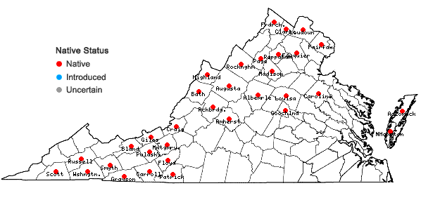 Locations ofLycopus uniflorus Michx. in Virginia