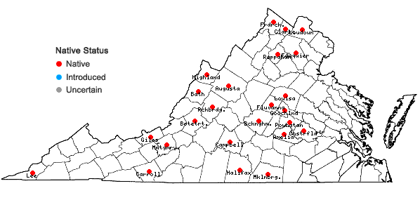 Locations ofMonarda fistulosa L. var. fistulosa in Virginia