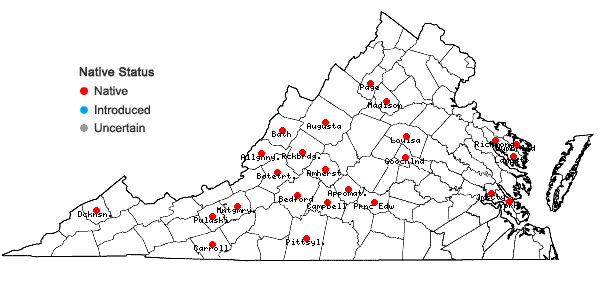 Locations ofMonotropsis odorata Schwein. ex Ell. in Virginia