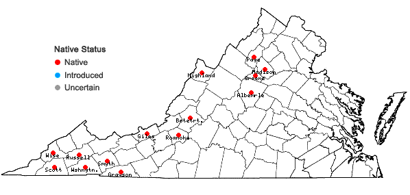 Locations ofNeckera pennata Hedwig in Virginia