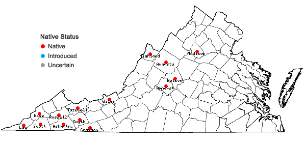 Locations ofOxalis montana Raf. in Virginia