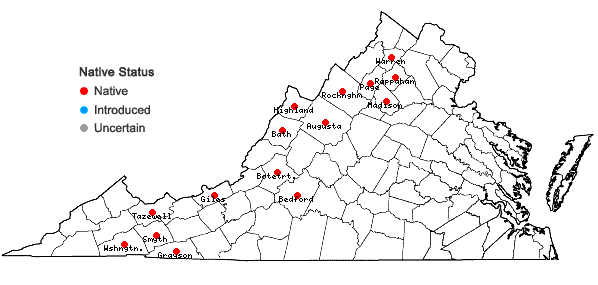 Locations ofParogonum ciliinode (Michaux) Desjardins & J.P. Bailey in Virginia