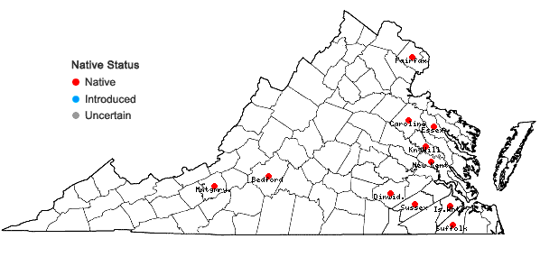 Locations ofPaspalum setaceum Michx. var. setaceum in Virginia