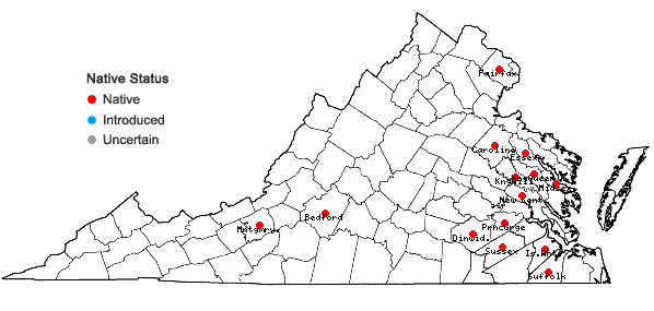Locations ofPaspalum setaceum Michx. var. setaceum in Virginia