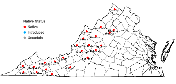 Locations ofPlatanthera orbiculata (Pursh) Lindl. in Virginia