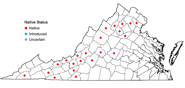 Locations ofPlatylomella lescurii (Sull.) A. L. Andrews in Virginia