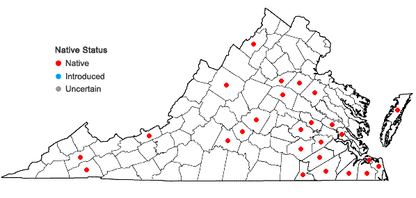 Locations ofPogonia ophioglossoides (L.) Ker-Gawl. in Virginia