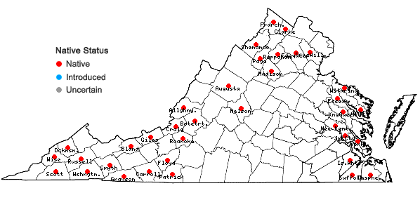 Locations ofTetraphis pellucida Hedwig var. pellucida in Virginia