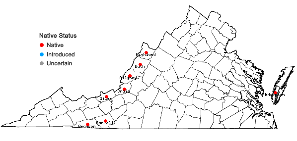 Locations ofTriadenum fraseri (Spach) Gleason in Virginia