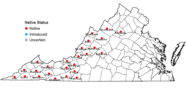 Locations ofTrillidium undulatum Floden & E.E. Schilling in Virginia