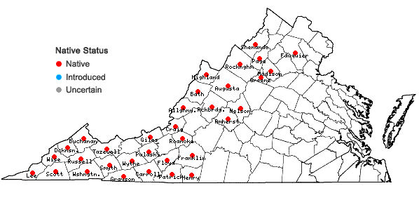 Locations ofTrillium erectum L. in Virginia