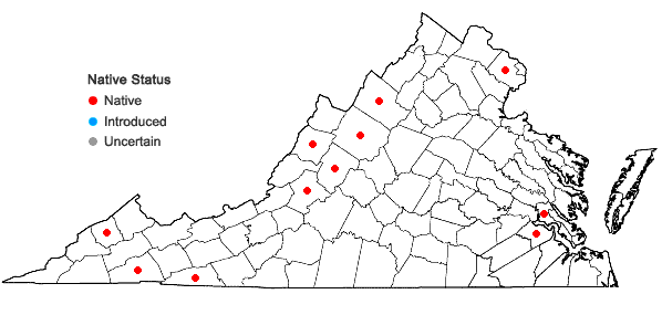 Locations ofTriphora trianthophora (Sw.) Rydb. ssp. trianthophora in Virginia