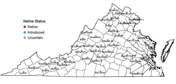 Locations ofUrtica dioica L. + Urtica gracilis Ait. ssp. gracilis in Virginia