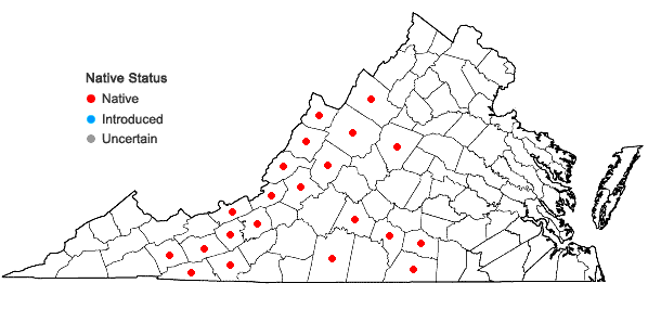 Locations ofWaldsteinia fragarioides (Michx.) Tratt. ssp. fragarioides in Virginia
